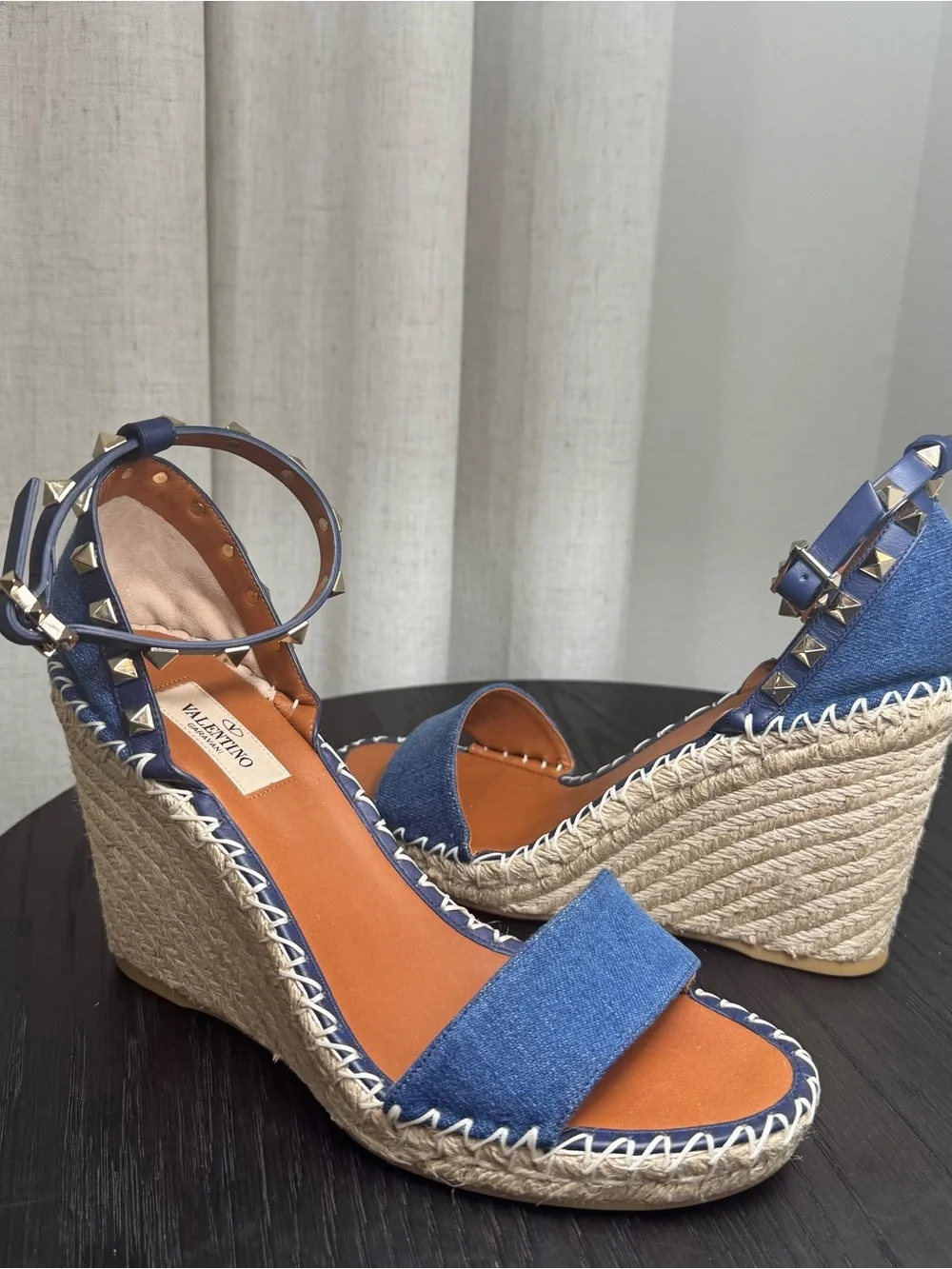 Valentino Garavani Rockstud Espadrille Wedge Sandals Denim Blue 39